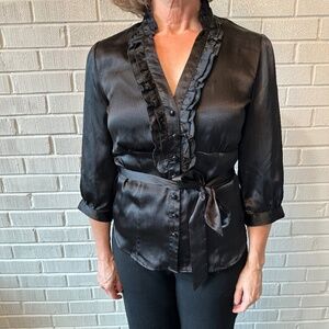Satiny Black button down fitted shirt with tied belt, size